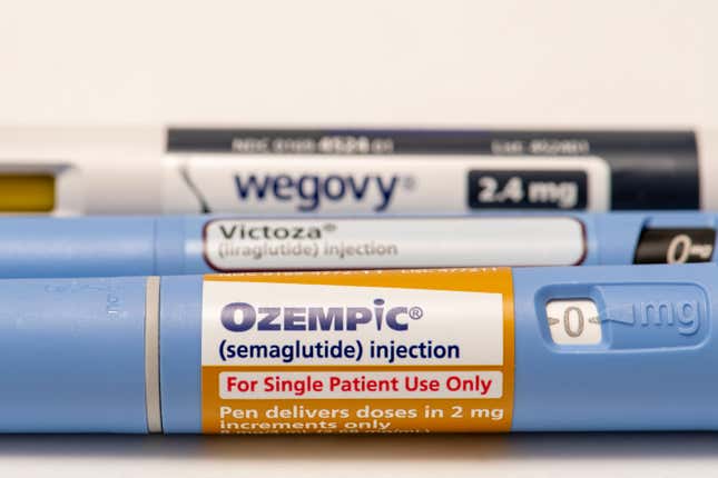 Still life closeup of the big three injectable prescription weight loss medicines. Ozempic, Victoza and Wegovy. 