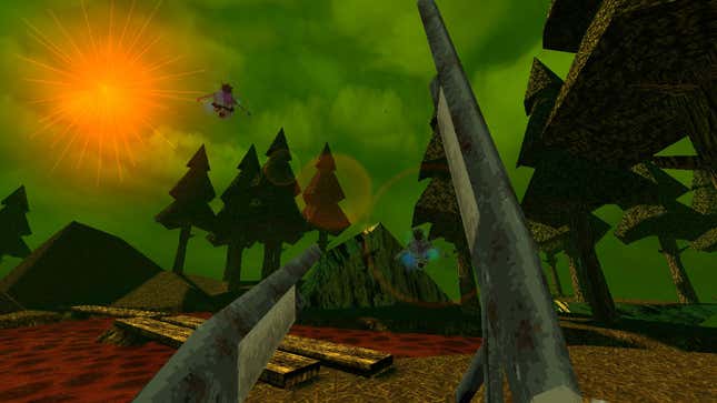 Dusk's green skies over red and brown forests.