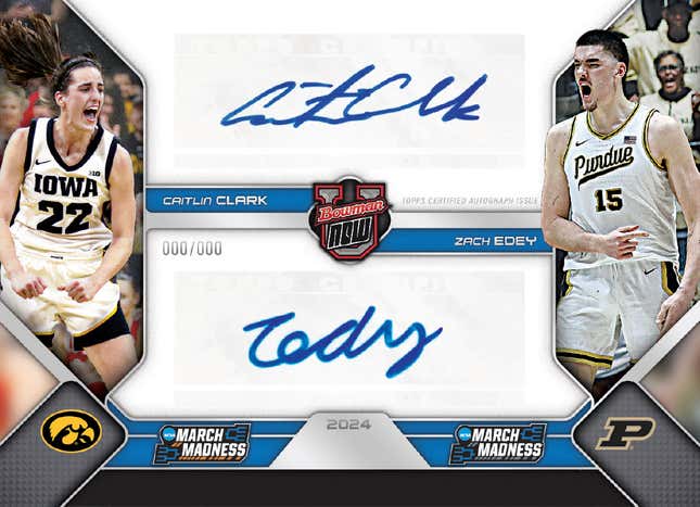 This photo Courtesy of Topps shows a Topps trading card featuring basketball stars Caitlin Clark and Zach Eddy. The NCAA entered into its first NIL licensing deal allowing the use of the March Madness logo to Topps trading cards featuring basketball stars Caitlin Clark, Angel Reese, Zach Eddy and Tristen Newton.(Courtesy of Topps via AP)