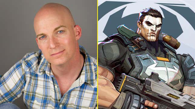 A voice actor is juxtaposed next to a Marvel character.