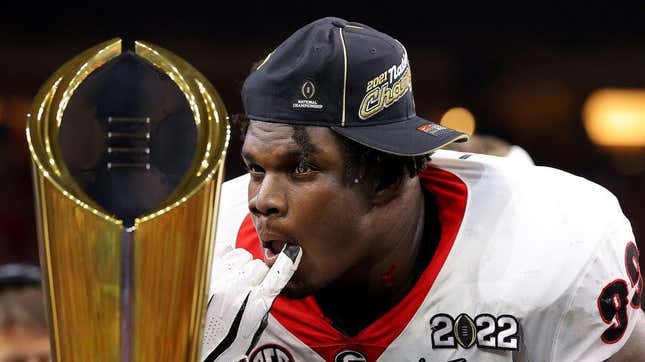 Georgia’s Jordan Davis celebrates after Georgia’s National Championship victory in 2022.