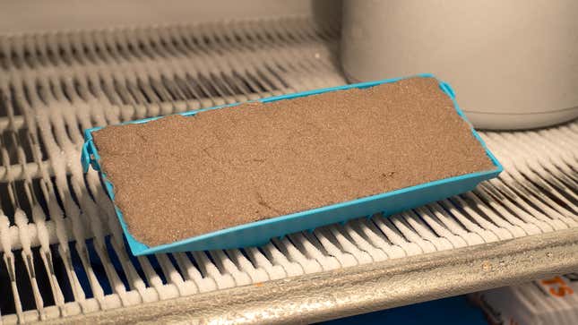 A blue plastic mold filled with the D.I.Y. Concrete compound sitting in a freezer.