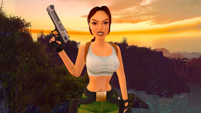 Lara Croft grimaces. 
