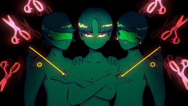 Three men bathed in green light, naked