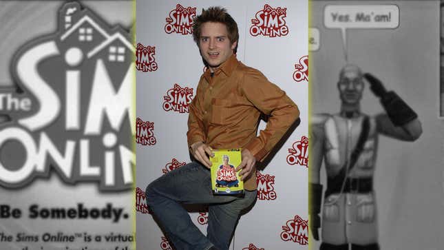 Elijah Wood stands on one foot and holds a Sims Online game box. 