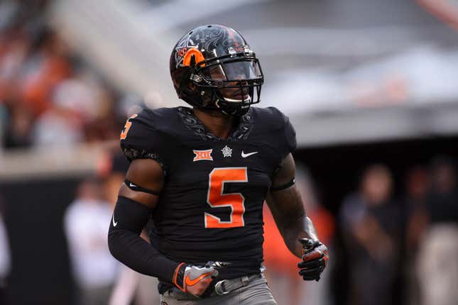 Oklahoma State corner back Kemah Siverand runs down field prior to an NCAA college football game in Stillwater, Okla., Saturday, Sept. 8, 2018. 