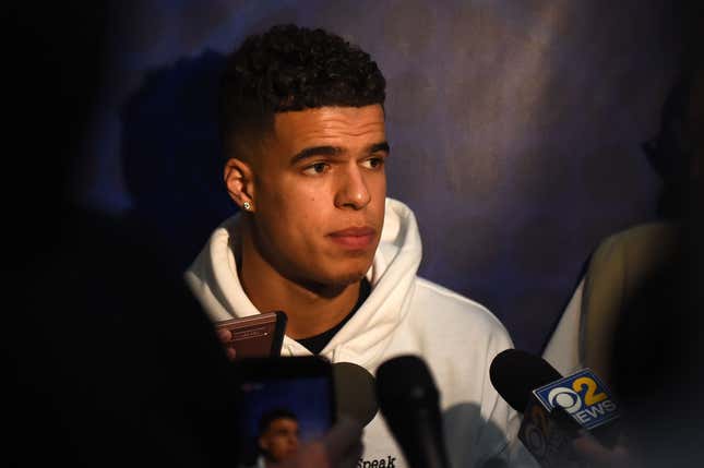 Michael Porter speaks with reporters during Day One of the NBA Draft Combine at Quest MultiSport Complex on May 17, 2018 in Chicago, Illinois.