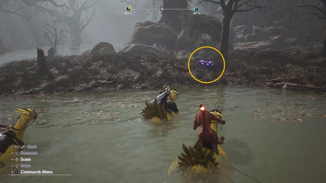 A screenshot of Final Fantasy VII Rebirth has a yellow circle over a purple chest.