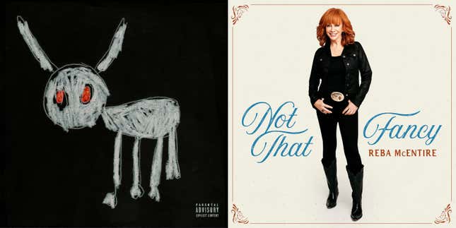 This combination of photos shows “For all the Dogs” by Drake, left, and &quot;Not That Fancy&quot; by Reba McEntire. (OVO-Republic/Universal Music Group via AP)