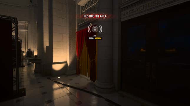  While viewing red and yellow curtains, notifications display to inform the player that they’re in a restricted area and have a medium-strength signal.