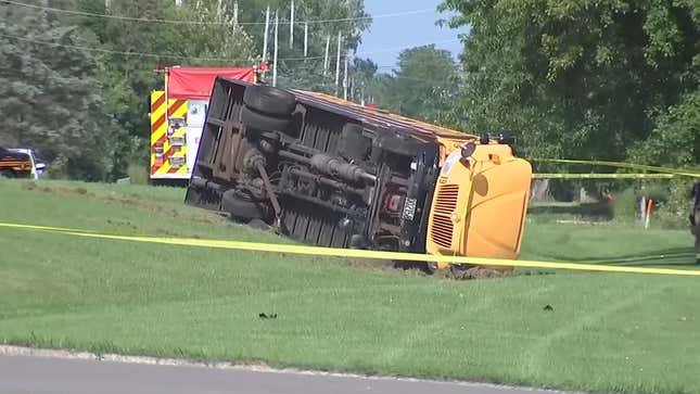 The overturned school bus in Lawrenceville, Ohio after the August 2023 crash