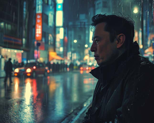 AI-generated image of Elon Musk caught in a Tokyo rainstorm.