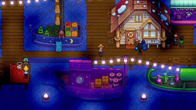 a character runs along the boardwalk at nighttime in stardew valley