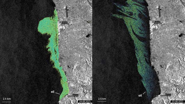 On 24 and 25 August 2021, the Copernicus Sentinel-1 satellites have imaged an oil spill on the coast of Syria. It has since spread to the west.