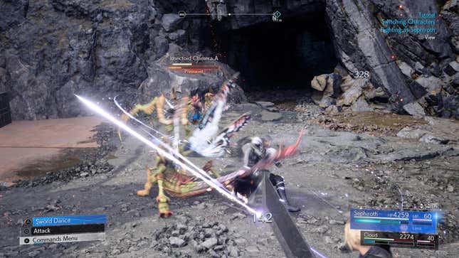 Uma captura de tela de comparação mostrando o menu de combate de Final Fantasy VII Rebirth ativado e desativado.