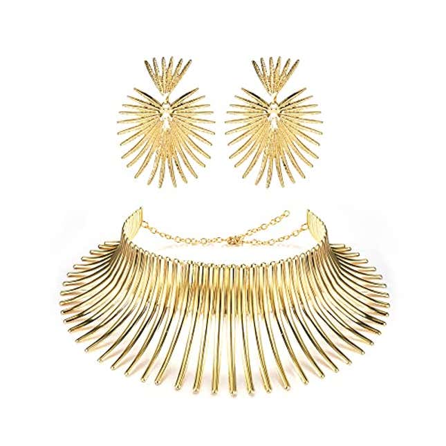African Tribal Style Exaggerated Collar Necklace and Dual Bracelets  Wholesale Set - Golden