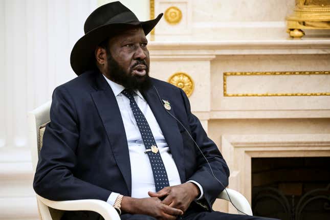 South Sudan President Salva Kiir Mayardit speaks to Russian President Vladimir Putin during their talks at the Kremlin in Moscow, Russia, Thursday, Sept. 28, 2023. (Vladimir Astapkovich, Sputnik, Kremlin Pool Photo via AP)