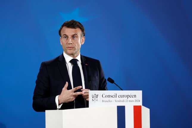 French President Emmanuel Macron addresses a media conference at the conclusion of an EU Summit in Brussels, Friday, March 22, 2024. European Union leaders on Friday discussed plans to boost investment and the economy. (AP Photo/Omar Havana)