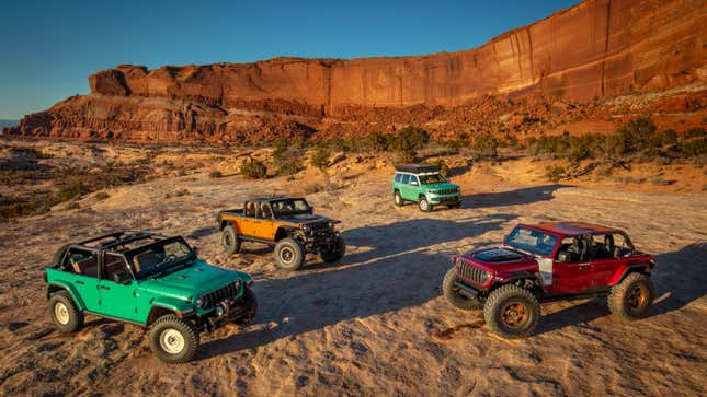 A photo of the four Easter Jeep Safari trucks parked up. 