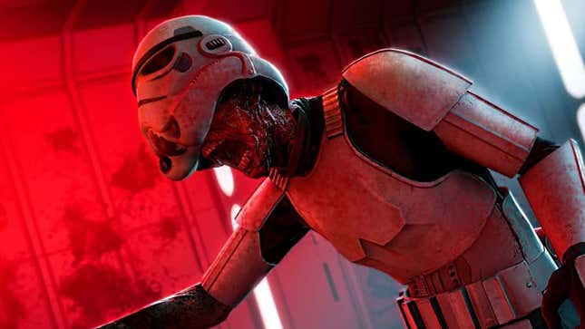 An image shows a stormtrooper lifting his helmet up to reveal his zombified face. 