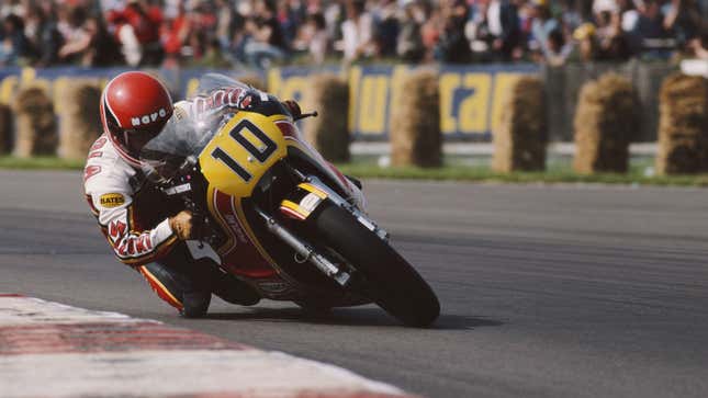 Randy Mamola of the United States rides in the British motorcycle Grand Prix.