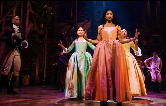 Phillipa Soo is Eliza Hamilton, Renée Elise Goldsberry is Angelica Schuyler and Jasmine Cephas Jones is Peggy Schuyler in HAMILTON, the filmed version of the original Broadway production.