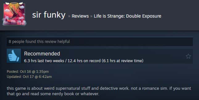 A screenshot shows a Steam review of Life is Strange: Double Exposure.