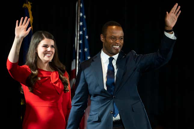 LOUISVILLE, KENTUCKY - NOVEMBER 07: Republican Candidate for Governor of Kentucky, Attorney General Daniel Cameron and wife, Makenze Cameron, walk off of the stage after his concession speech at the Republican election watch party at the Marriott Hotel on November 7, 2023 in Louisville, Kentucky. 