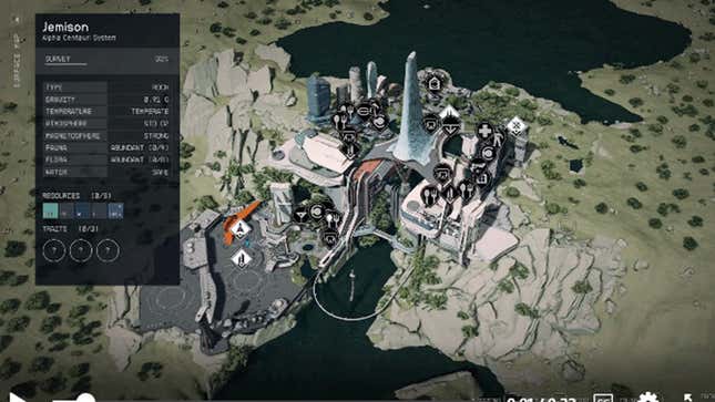 Snímek obrazovky ukazující New Atlantis na nové obrazovce mapy Hvězdného pole.