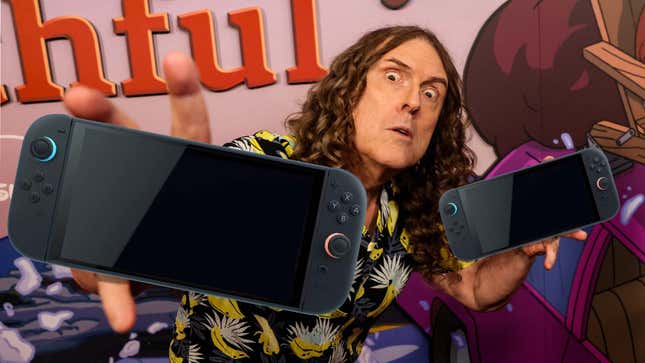 An image shows Weird Al holding two Switch 2 consoles. 