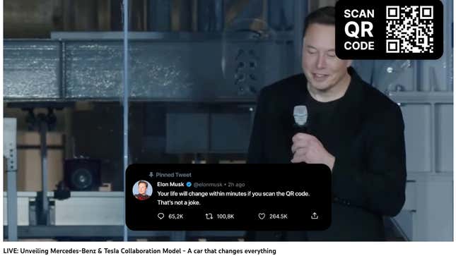 Image for article titled A Bitcoin Scammer Is Hosting a Fake &#39;Mercedes-Benz &amp; Tesla Collaboration&#39; Livestream on YouTube Right Now