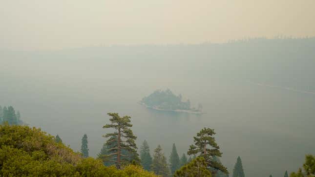 Lake Tahoe's Emerald Bay is shrouded in smoke from the Caldor Fire.