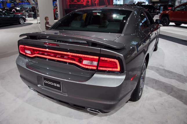 The rear of a gray 2012 Charger