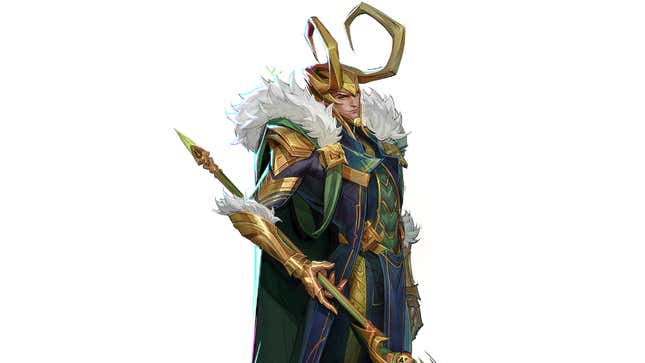 Loki looks at the camera while holding his staff.