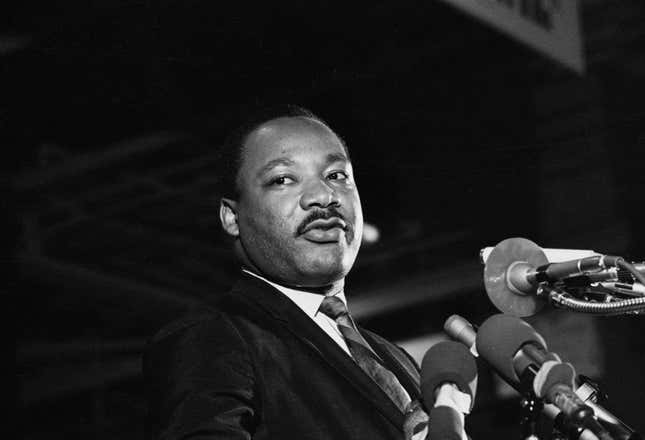 One of the last pictures to be taken of Dr. Martin Luther King, Jr. — speaking to a mass rally April 3 in Memphis 