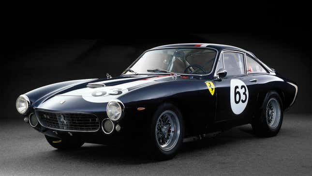 A photo of a blue Ferrari 250 GT Lusso racing car. 