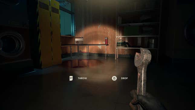 A player crouches while holding a wrench.