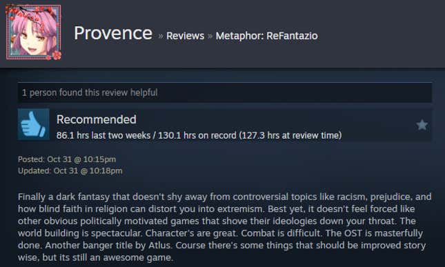 A screenshot shows a Steam review for Metaphor: ReFantazio.