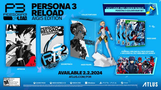 A promotional image shows the contents of the more expensive Persona 3 Reload Aigis Edition.
