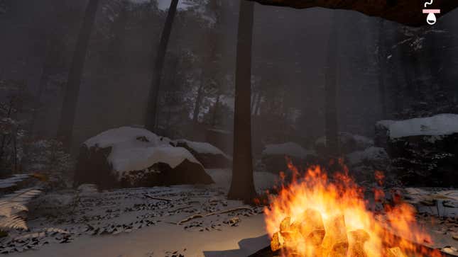 A fire appears in front of a snowy forest. 