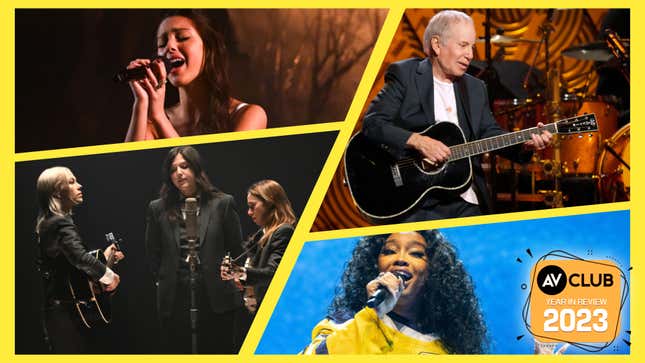 Image collage of Boygenius, Olivia Rodrigo, Paul Simon, and SZA