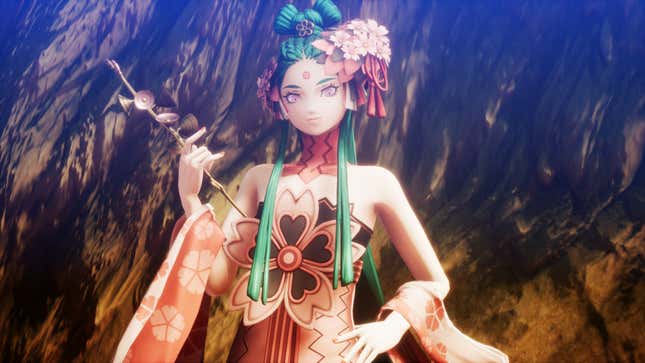 A Shin Megami Tensei V characgter with green hair and a floral dress stands and looks into the camera. 
