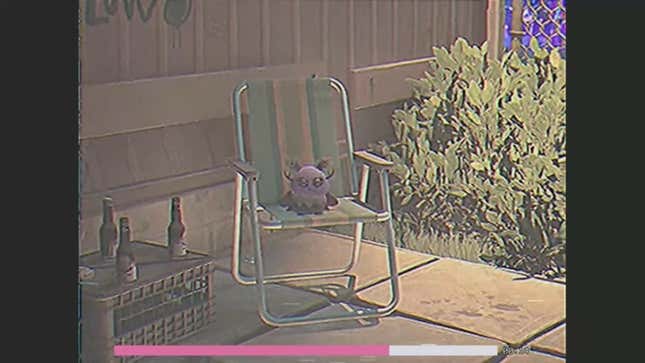 Moth Girl sits on a lawn chair.