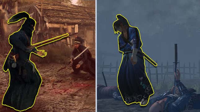 A side-by-side comparison of Team Ninja's Rise of the Ronin (left) and Acquire's Way of the Samurai (right), with the player characters outlined in yellow.
