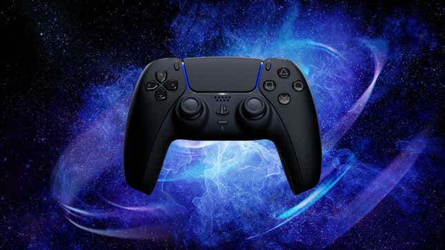 A PS5 DualSense floats in the cosmos awaiting PS Plus subscription day. 