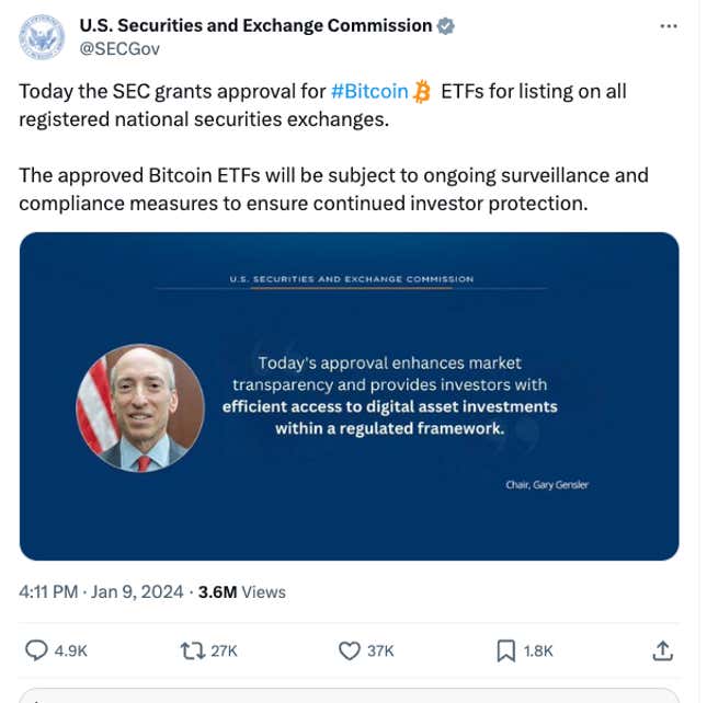 Hacked tweet from the SEC. The information here is false at the time of posting.