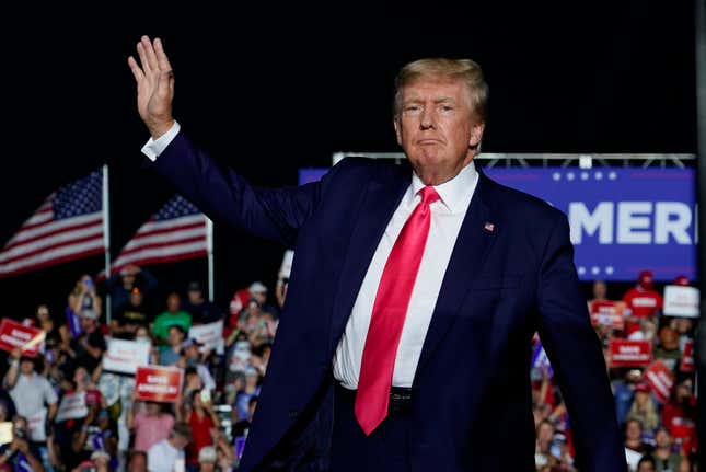 Former President Donald Trump arrives at a rally, Aug. 5, 2022, in Waukesha, Wis.