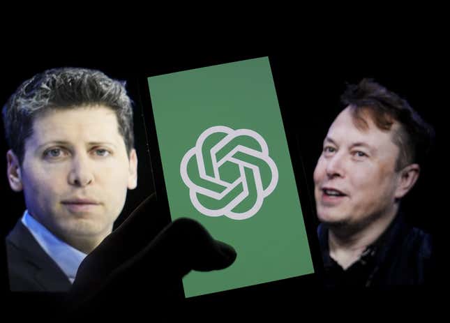 photo illustration, the logo of 'OpenAI' is displayed on a mobile phone screen in front of a computer screen displaying the photographs of Elon Musk and Sam Altman