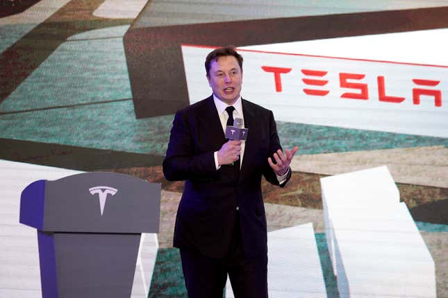 Elon Musk speaking at a ceremony for Tesla China-made Model Y program in Shanghai