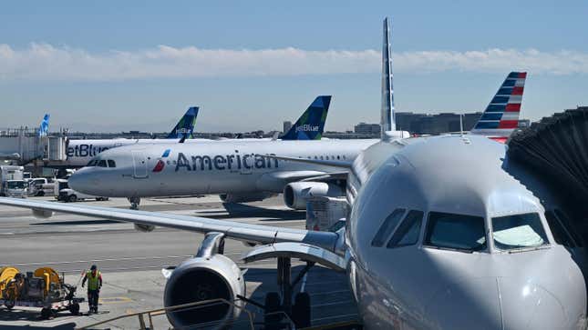 American Airlines planes are seen at Los Angeles International Airport (LAX) on February 28, 2022 in Los Angeles. 